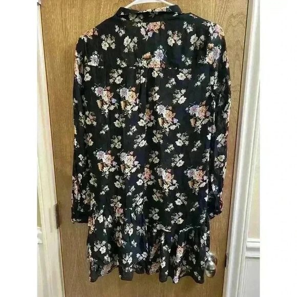 ZARA BLACK FLORAL SEMI SHEER CHIFFON TUNIC RUFFLE LAYERS DRESS MOCK NECK SIZE XS - Picture 14 of 14